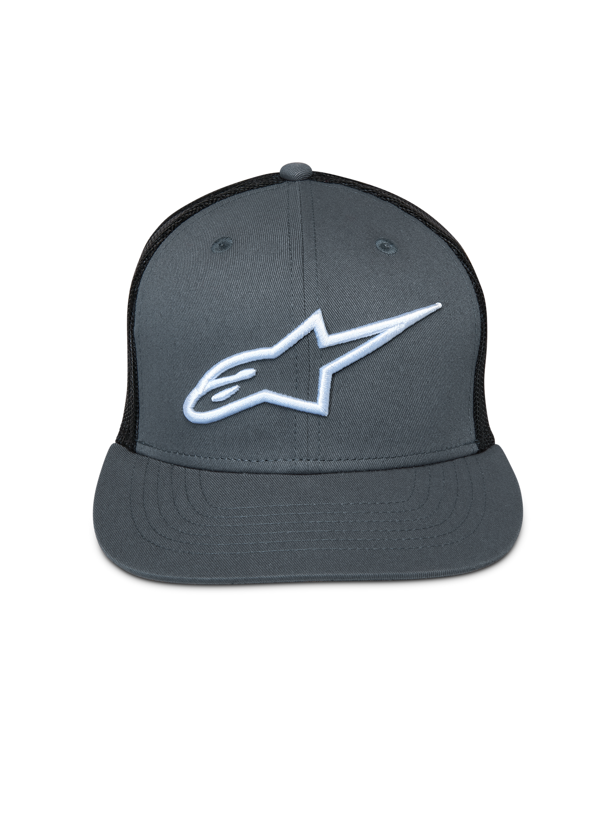 Alpinestars Corp Truckerkeps, grå front med svart mesh baktill, platt skärm, vit broderad Astar-logotyp, casual motorsport-huvudbonad