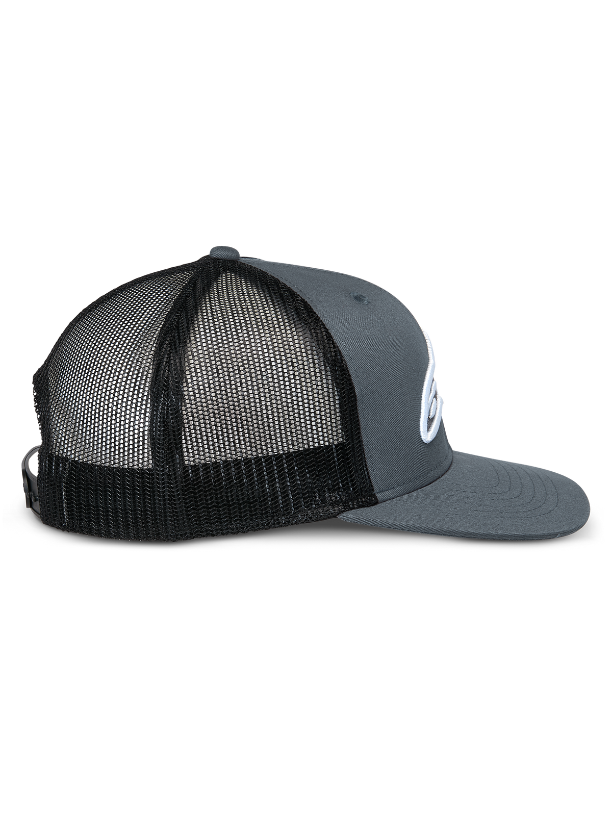 Alpinestars Corp Truckerkeps, profilvy, grå twill-front och skärm med svarta meshpaneler baktill, platt skärm, strukturerad krona, vit broderad logotyp, vardaglig motorsport-huvudbonad