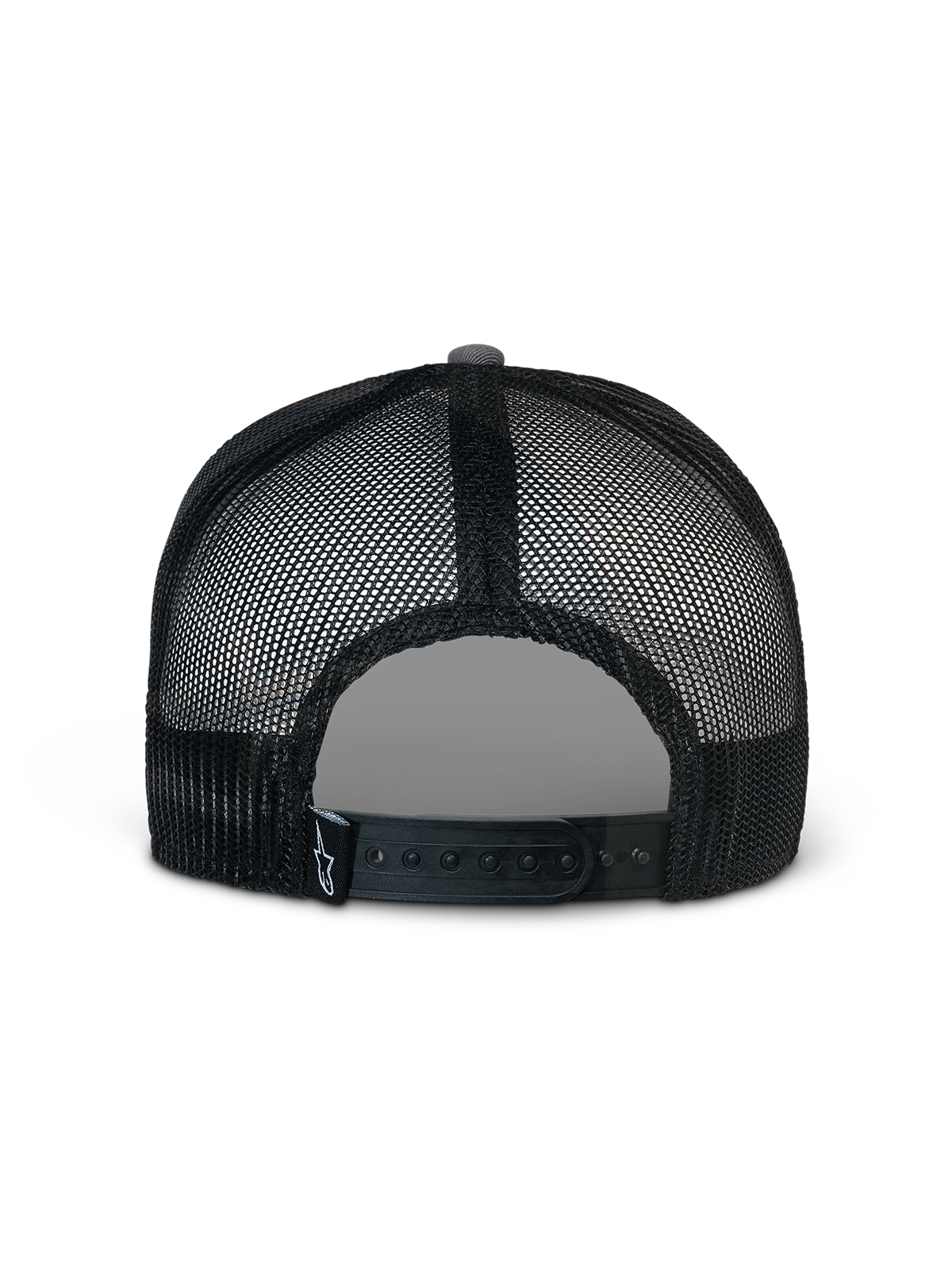 Alpinestars Corp Truckerkeps, grå och svart, vy bakifrån med svarta meshpaneler och en justerbar snapback-stängning, liten vit stjärnlogotyp på en svart etikett baktill, avslappnad sportswear-huvudbonad