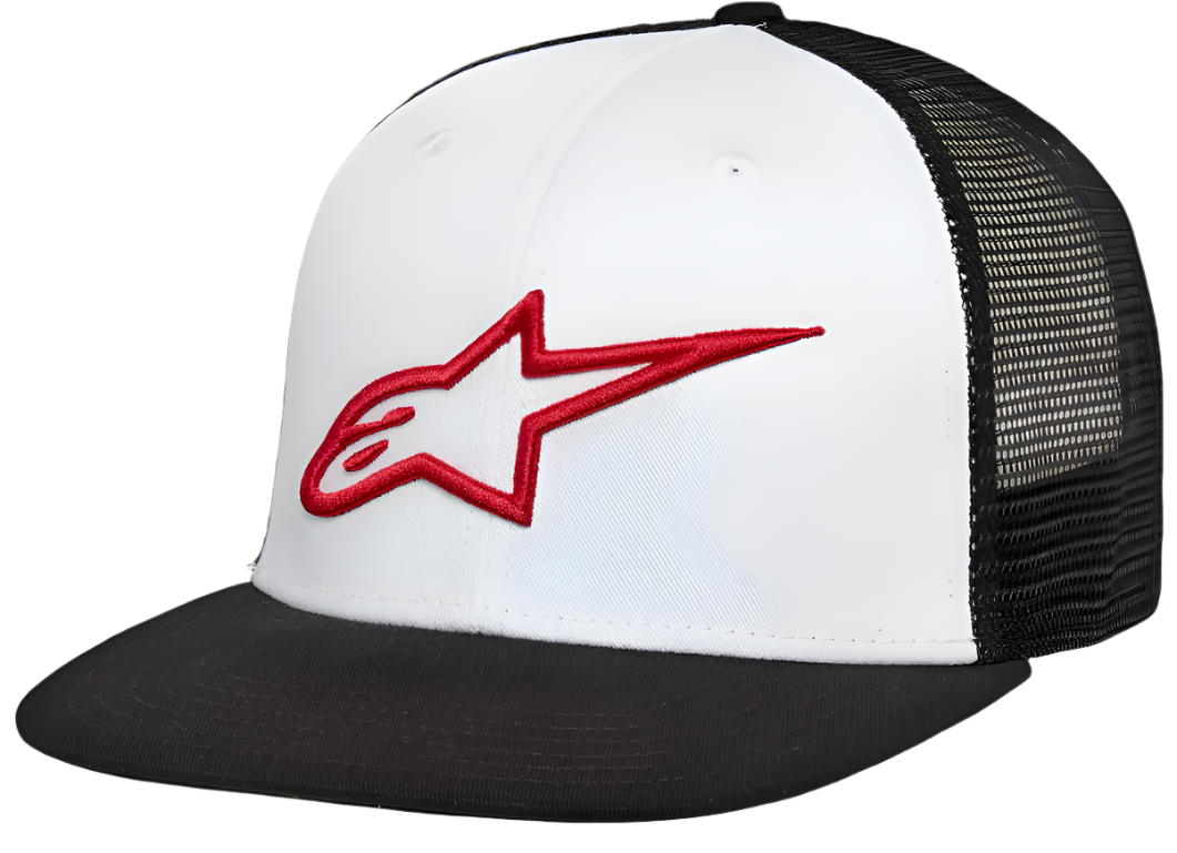 Alpinestars Corp Trucker keps, vit frontpanel med svart platt skärm och svart baksida i mesh, med en 3D-broderad röd Alpinestars stjärnlogotyp, avslappnad motorsport-streetwear