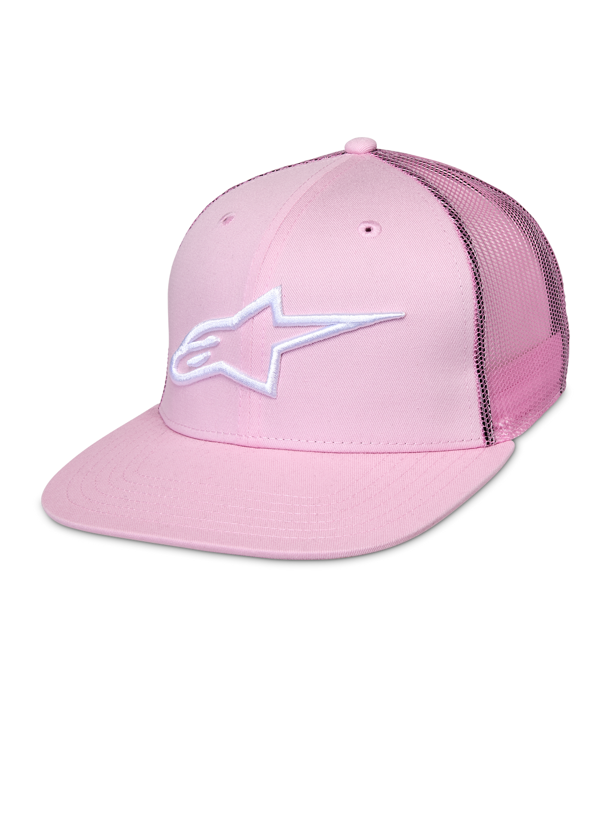 Alpinestars Corp Trucker keps, rosa snapback-keps med vit stjärnlogotyp, meshpaneler baktill, strukturerad sexpanelsdesign med ventilationshål