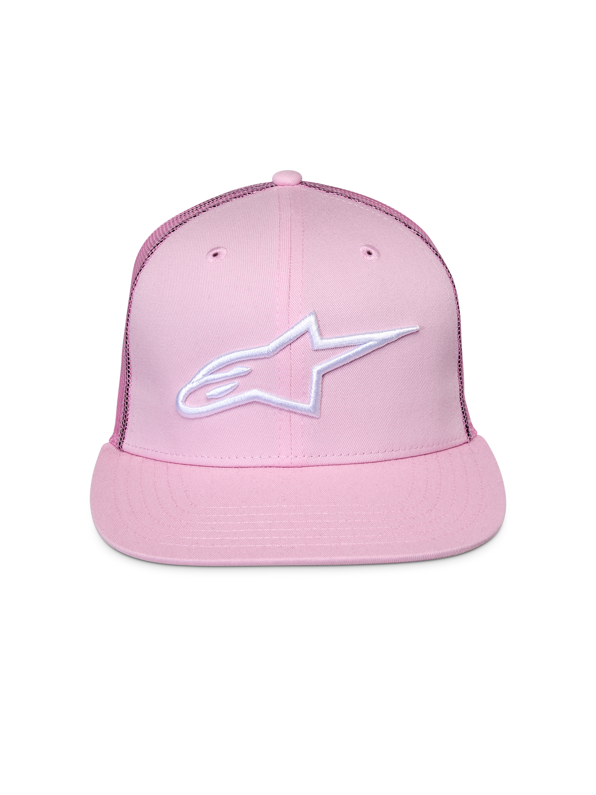 Alpinestars Corp Trucker-keps, rosa, med vit broderad logotyp på framsidan, platt skärm med strukturerad krona, meshpaneler baktill, vardaglig motorsport-huvudbonad
