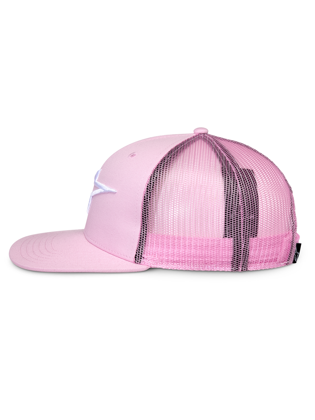 Alpinestars Corp Trucker-keps, rosa, sidoprofil, platt skärm och strukturerad krona, vit broderad logotyp på framsida i twill, rosa mesh baktill, justerbar snapback-design, vardaglig sportstil