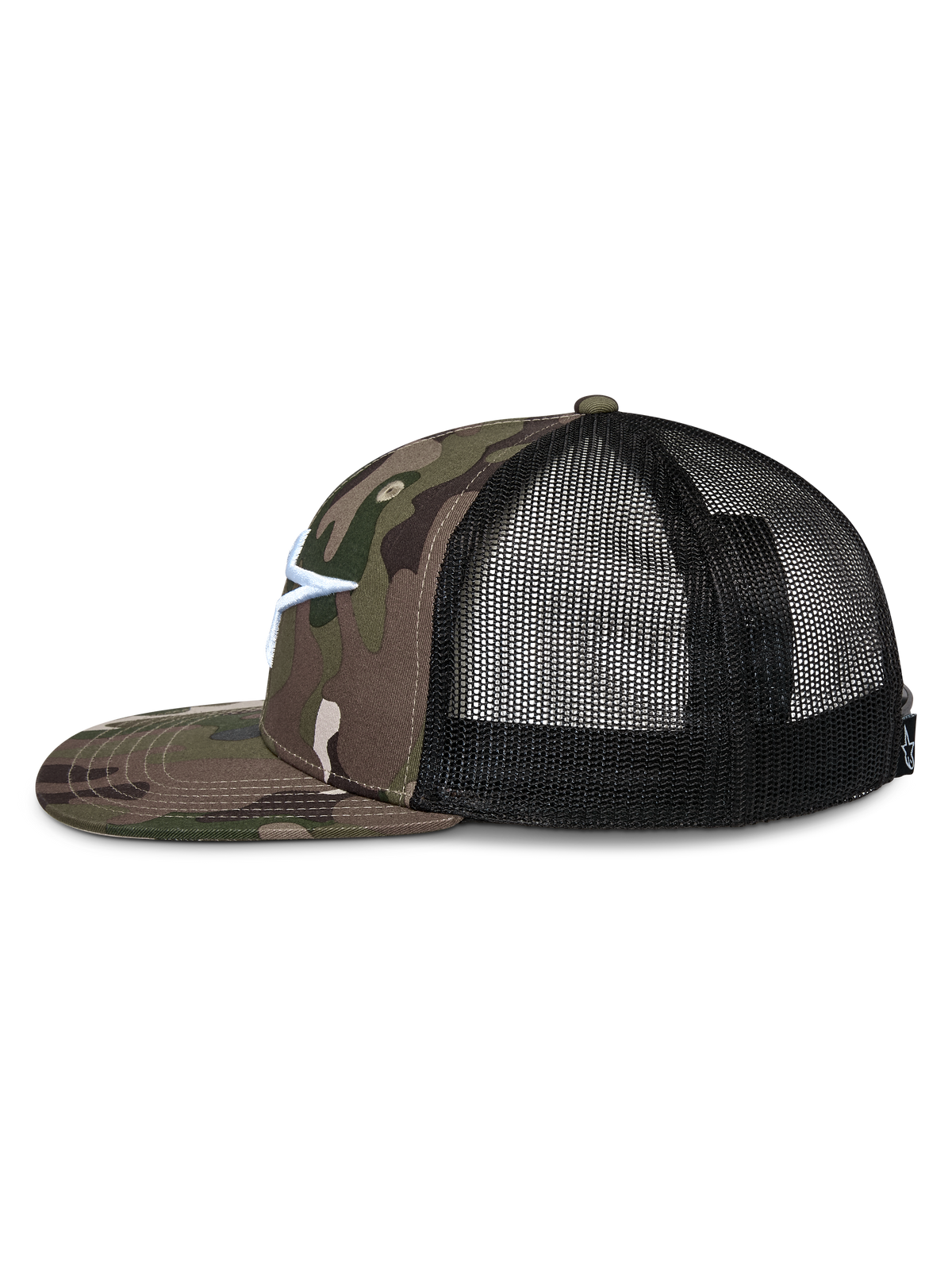 Alpinestars Corp Trucker-keps, profilvy, grön kamouflagefärgad twill framtill och platt skärm, svart mesh baktill, vit broderad Astars-logotyp, casual motorsport-streetwear