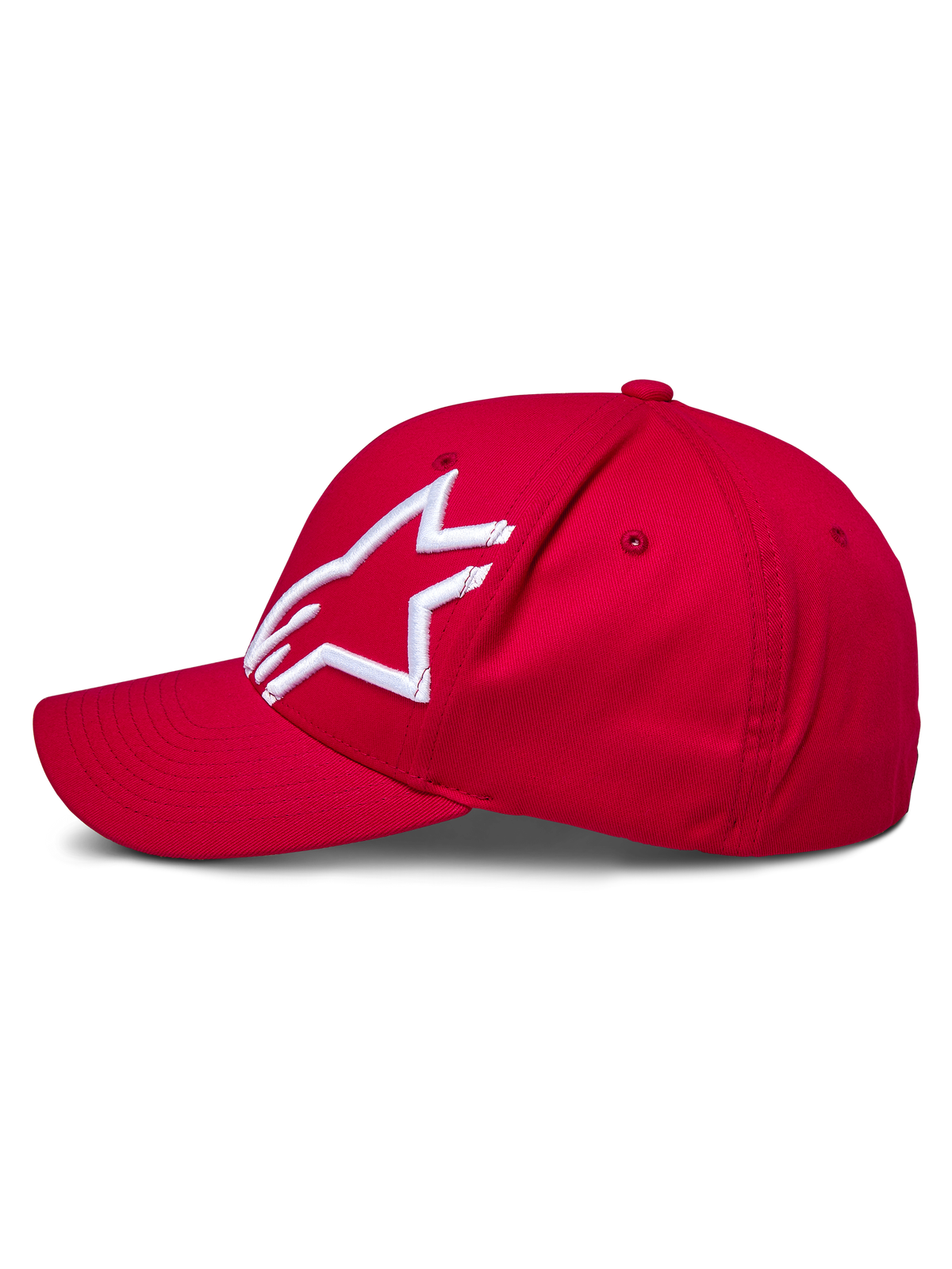 Alpinestars Corp Shift 2 keps med böjd skärm, röd, med en vit 3D-broderad Alpinestars-logotyp på vänster panel, sidovy, strukturerad krona med böjd skärm, casual motorsport-inspirerad keps