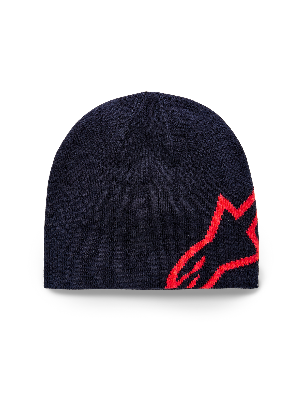 Alpinestars Corp Shift Beanie, stickad mössa, marinblå och klar röd, med en stor röd jacquard-stickad stjärnlogotyp på sidan, jersey-stickad konstruktion, vardaglig sportaccessoar