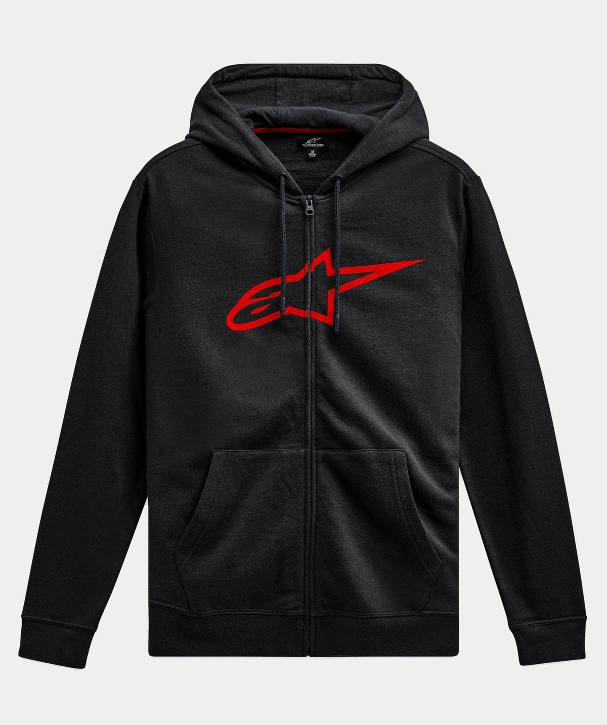 Alpinestars Ageless Zip V3 huvtröja, casual streetwear, svart med stor röd Alpinestars-logotyp på bröstet, hel dragkedja framtill, huva med dragsko, långa ärmar, ribbstickade muddar och fåll