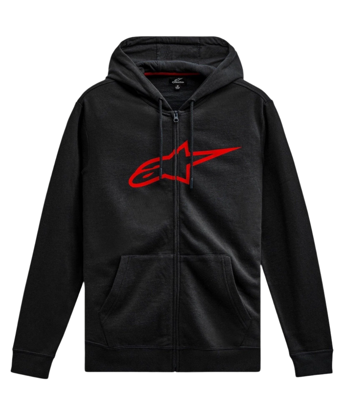Alpinestars Ageless Zip V3 huvtröja, casual motorsport-streetwear, svart med röd Astars-logotyp, hel dragkedja, huva med dragsko, långa ärmar, ribbstickade muddar och fåll