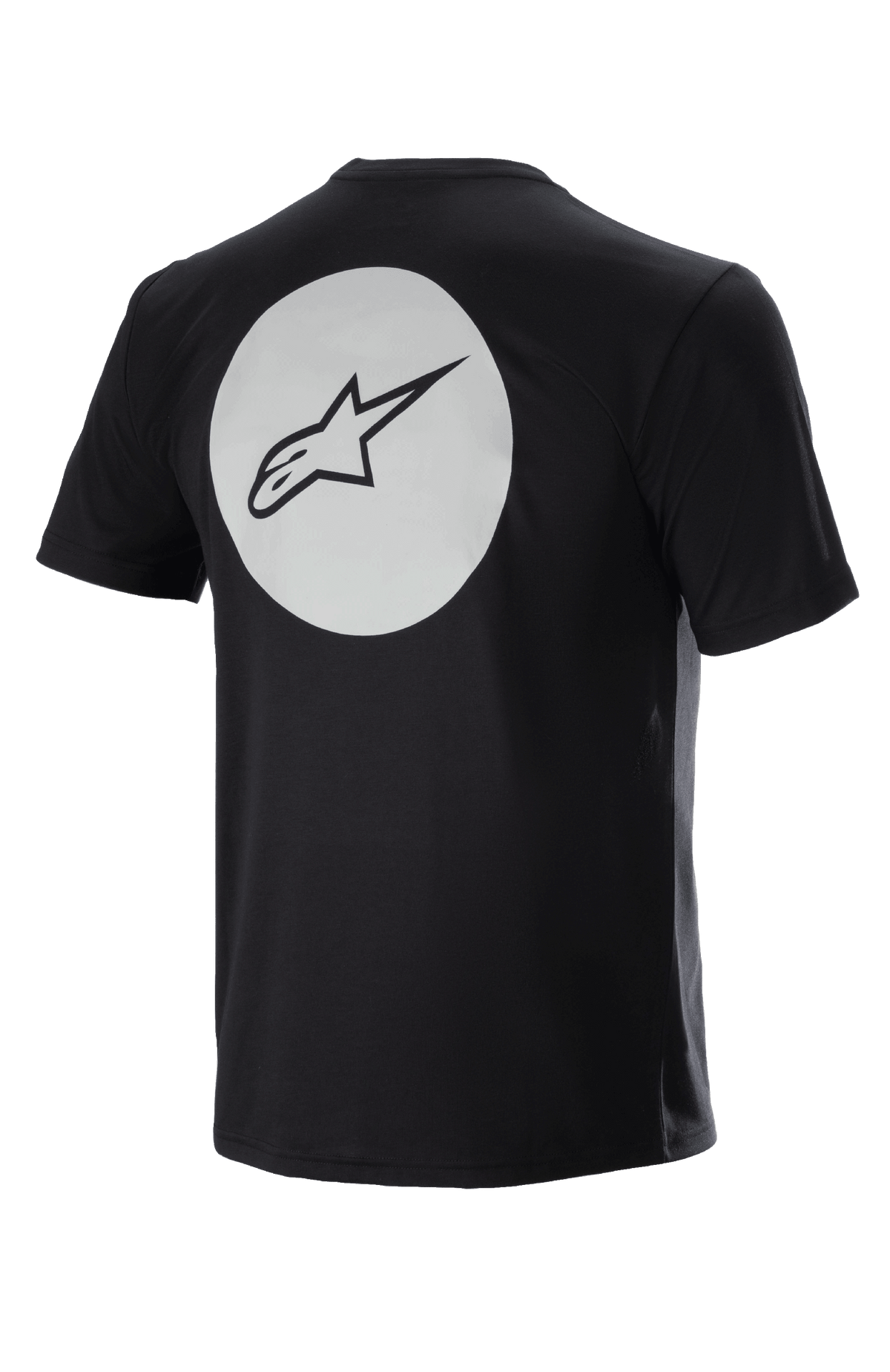 Alpinestars Dot Tech Tee, kortärmad cykeltröja, svart, ryggvy med stor vit cirkel och svart A-star-logotyp, DriRelease fukttransporterande material för mountainbike-körning