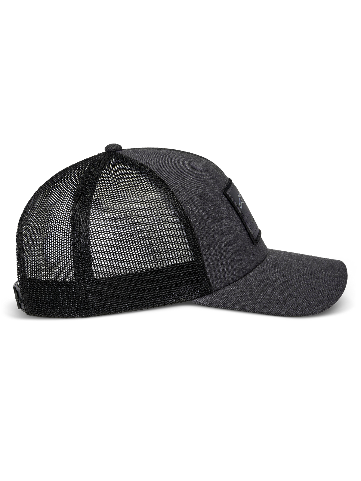 Alpinestars Flag Snapback-keps i Charcoal Heather Black, profilvy från sidan som visar den böjda skärmen, strukturerat framstycke i twill med en merrow-patch och ventilerande bakstycke i polyestermesh.