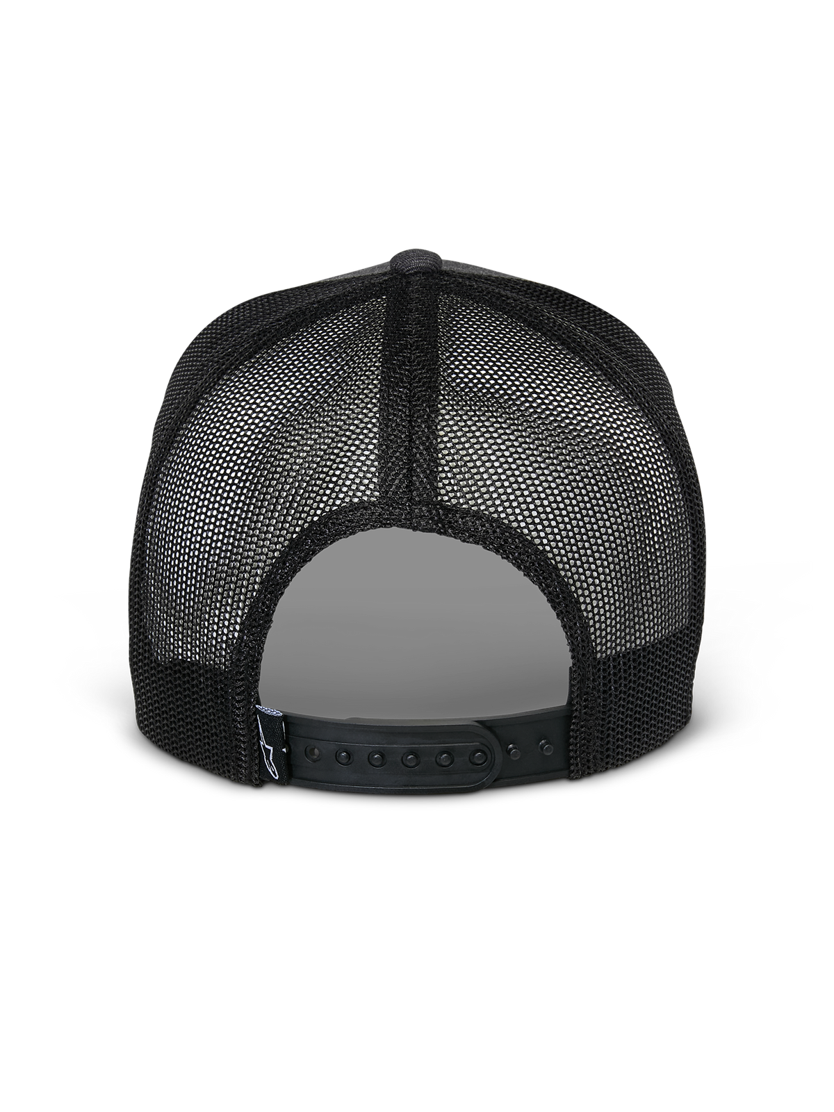 Alpinestars Flag Snapback-keps, vy bakifrån, Charcoal Heather Black, med svarta meshpaneler som andas och justerbar snapback-knäppning, avslappnad motorsportinspirerad keps