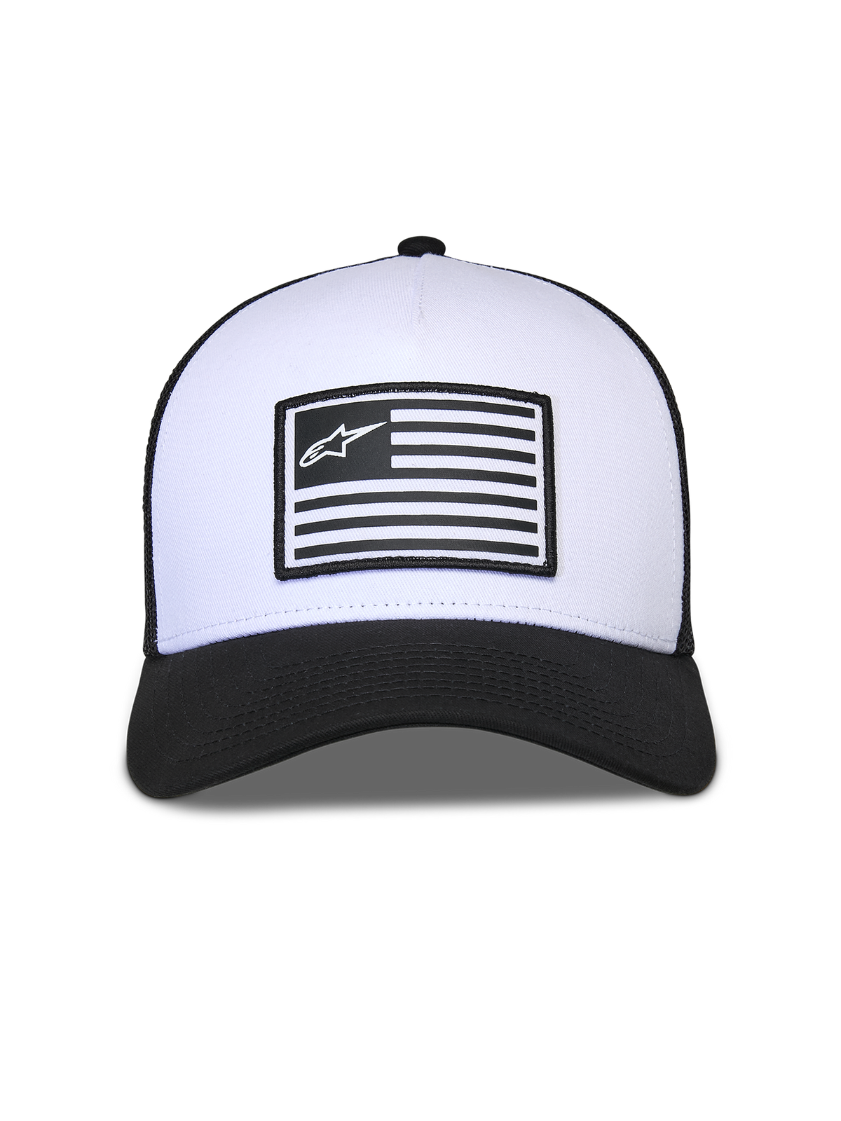 Alpinestars Flag Snapback-keps, vit och svart, strukturerad vit krona med svart böjd skärm och baksida i nät, har ett centralt flaggmärke med Alpinestars-logotyp, vardaglig motorsportinspirerad huvudbonad