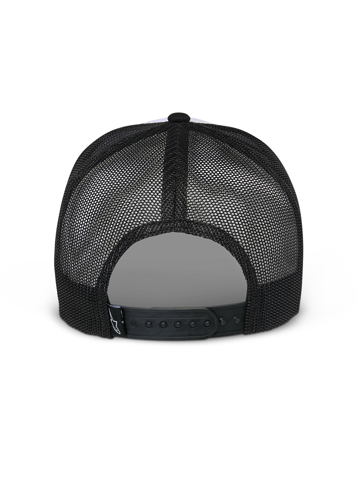 Alpinestars Flag Snapback Keps, vit och svart, baksida som visar svarta nätpaneler och justerbar snapback-stängning, casual motorsport-huvudbonad
