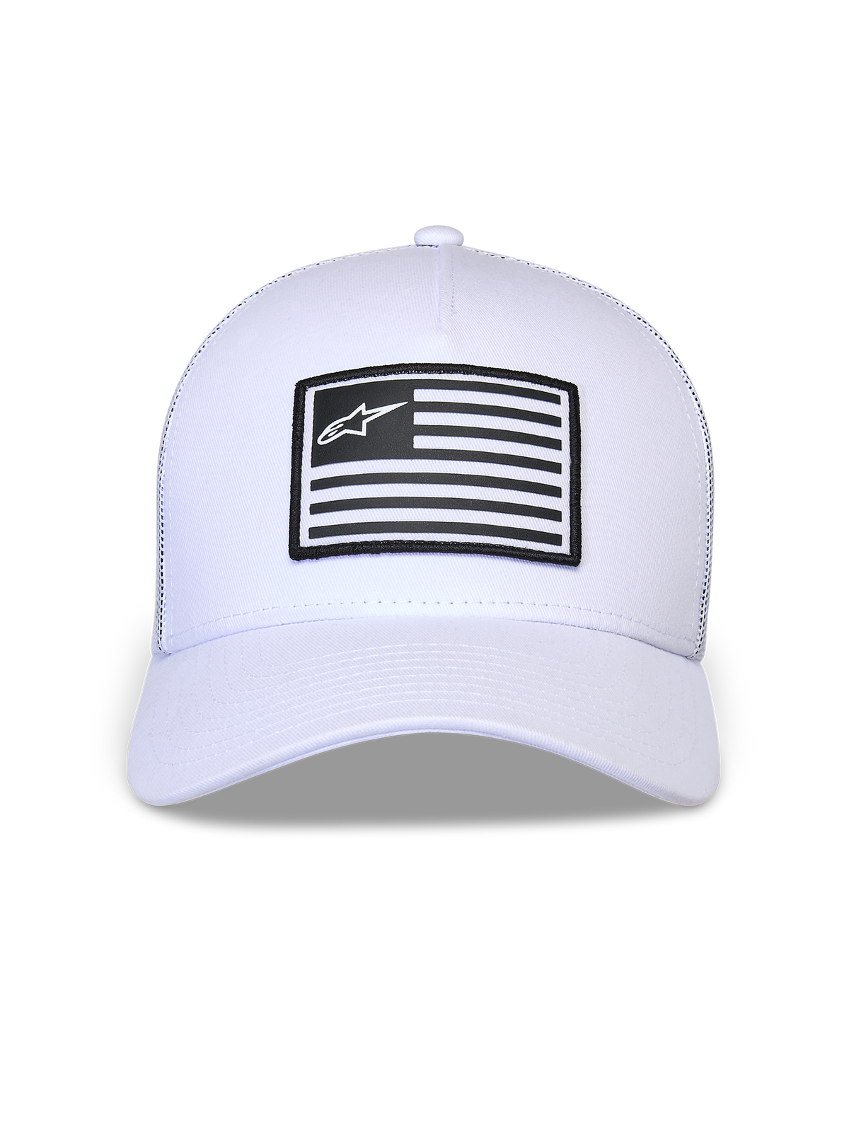 Alpinestars Flag Snapback Keps, vit, strukturerad krona med böjd skärm, svart och vit rektangulär patch med Alpinestars-logotyp framtill, avslappnad motorsportinspirerad keps