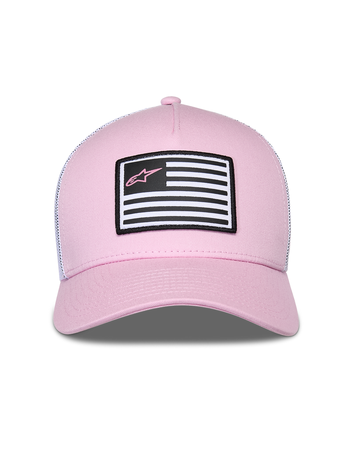 Alpinestars Flag Snapback keps, rosa och vit, med rosa twill-framsida och vitt mesh-bakstycke, böjd skärm, märke framtill med flaggdesign och rosa Astars-logotyp, casual motorsport streetwear