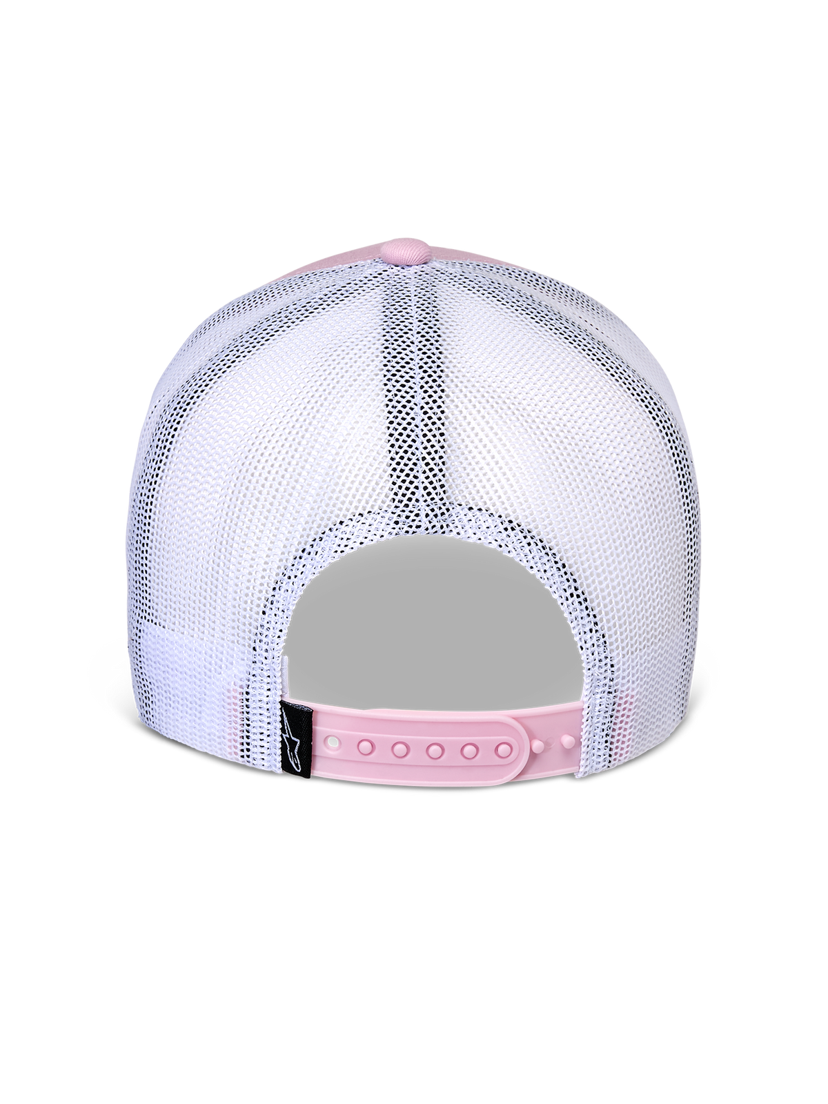 Alpinestars Flag Snapback-keps, sedd bakifrån, rosa och vit, ventilerande vita meshpaneler med rosa justerbar snapback-knäppning, liten svart etikett med Alpinestars-logotyp, vardaglig motorsportinspirerad huvudbonad