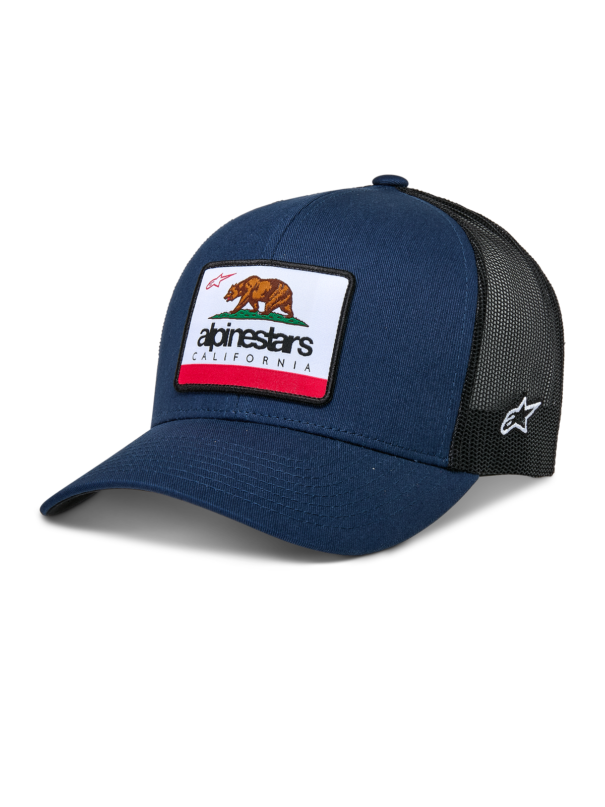 Alpinestars Cali 2.0 keps, marinblå och svart trucker-keps med ett stort Kalifornien-björnmärke och Alpinestars-logotyp, böjd skärm, ventilerande baksida i svart mesh, avslappnad huvudbonad för motorsport