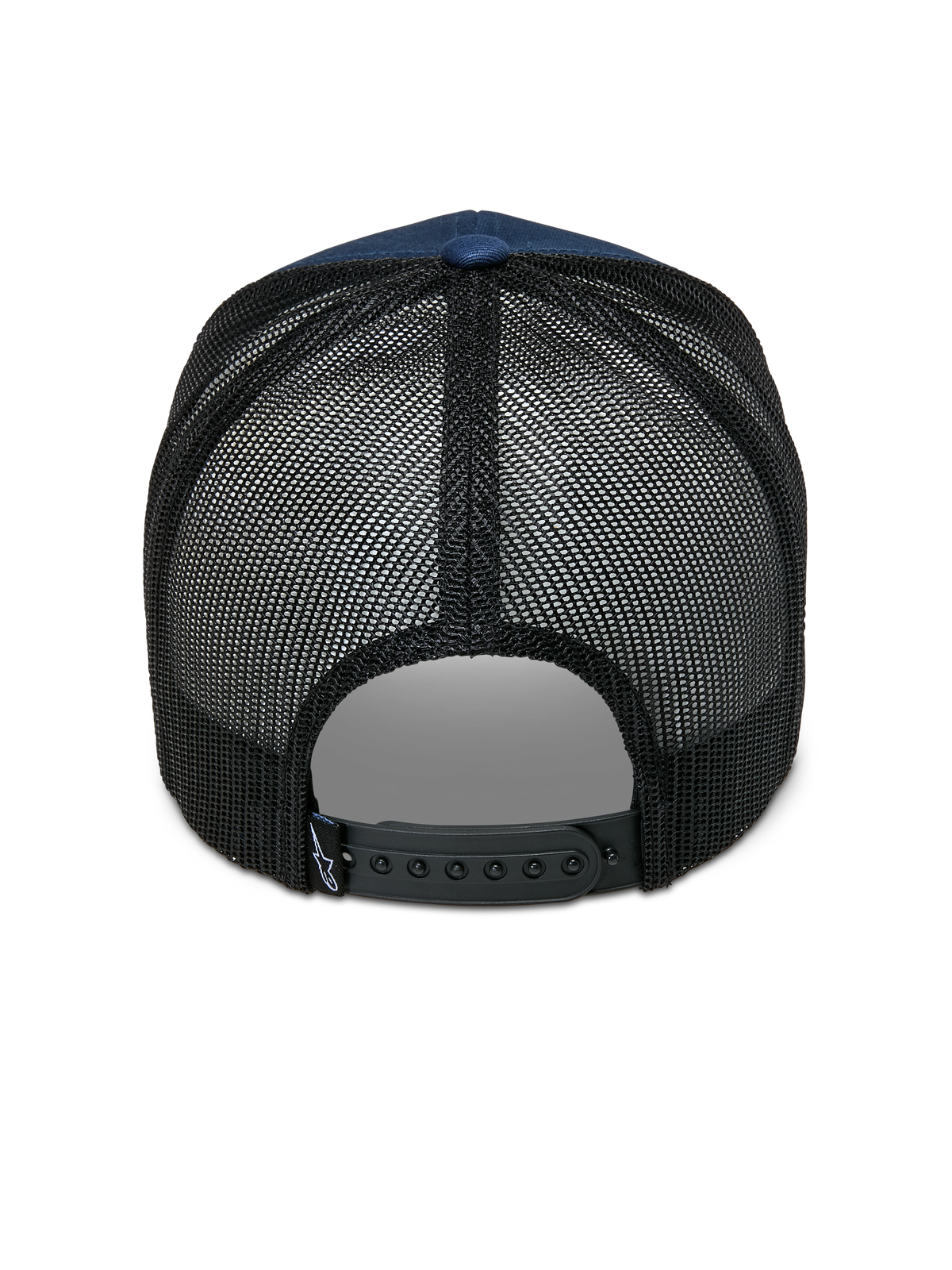Alpinestars Cali 2.0 Keps, marinblå och svart, vy bakifrån som visar ventilerande baksida i poly-mesh, justerbar svart snapback-knäppning och liten logotypetikett, avslappnad trucker-design