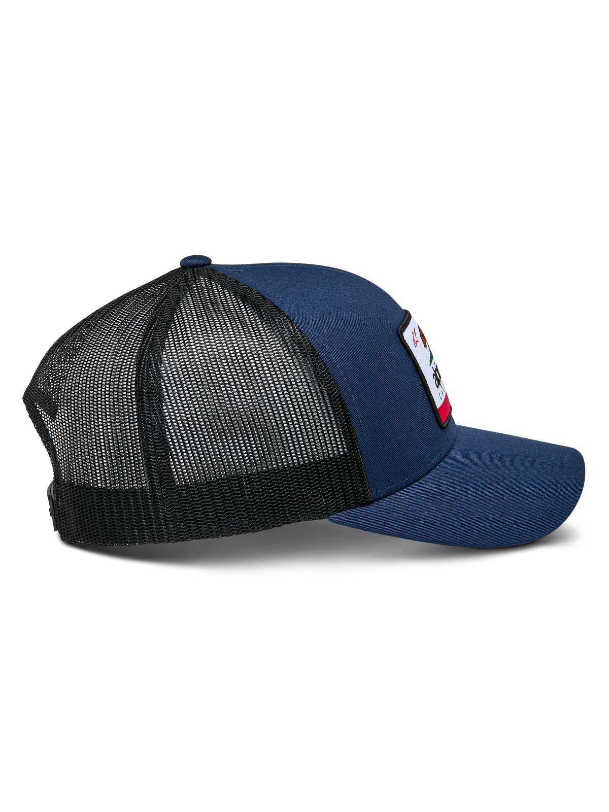 Alpinestars Cali 2.0 Keps, marinblå med svart mesh, sidoprofil, strukturerad truckerkeps med böjd skärm och twill framtill, ventilerande poly-mesh bakstycke, casual motorsport-huvudbonad
