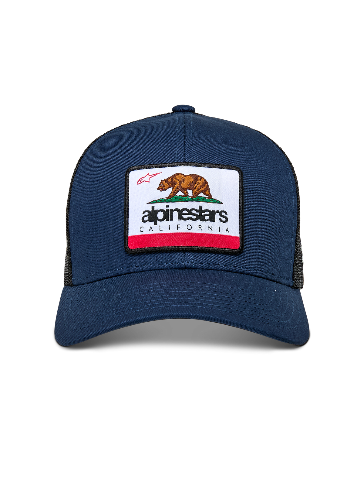 Alpinestars Cali 2.0 Keps, marinblå, med en vävd patch med merrow-kant som visar en Kalifornien-björn och Alpinestars-logotyp, böjd skärm, strukturerad krona med poly-mesh bakstycke, casual motorsport-streetwear