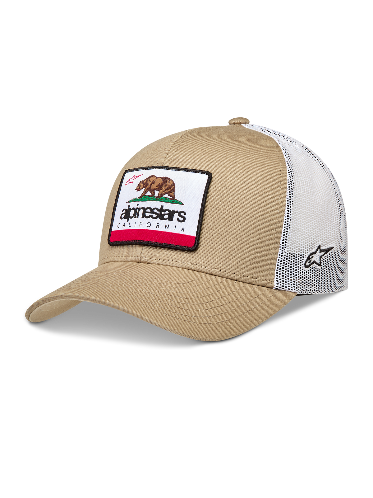 Alpinestars Cali 2.0 Hatt, truckerkeps i sand och vitt med nätbaksida och vävt California-björnmärke.