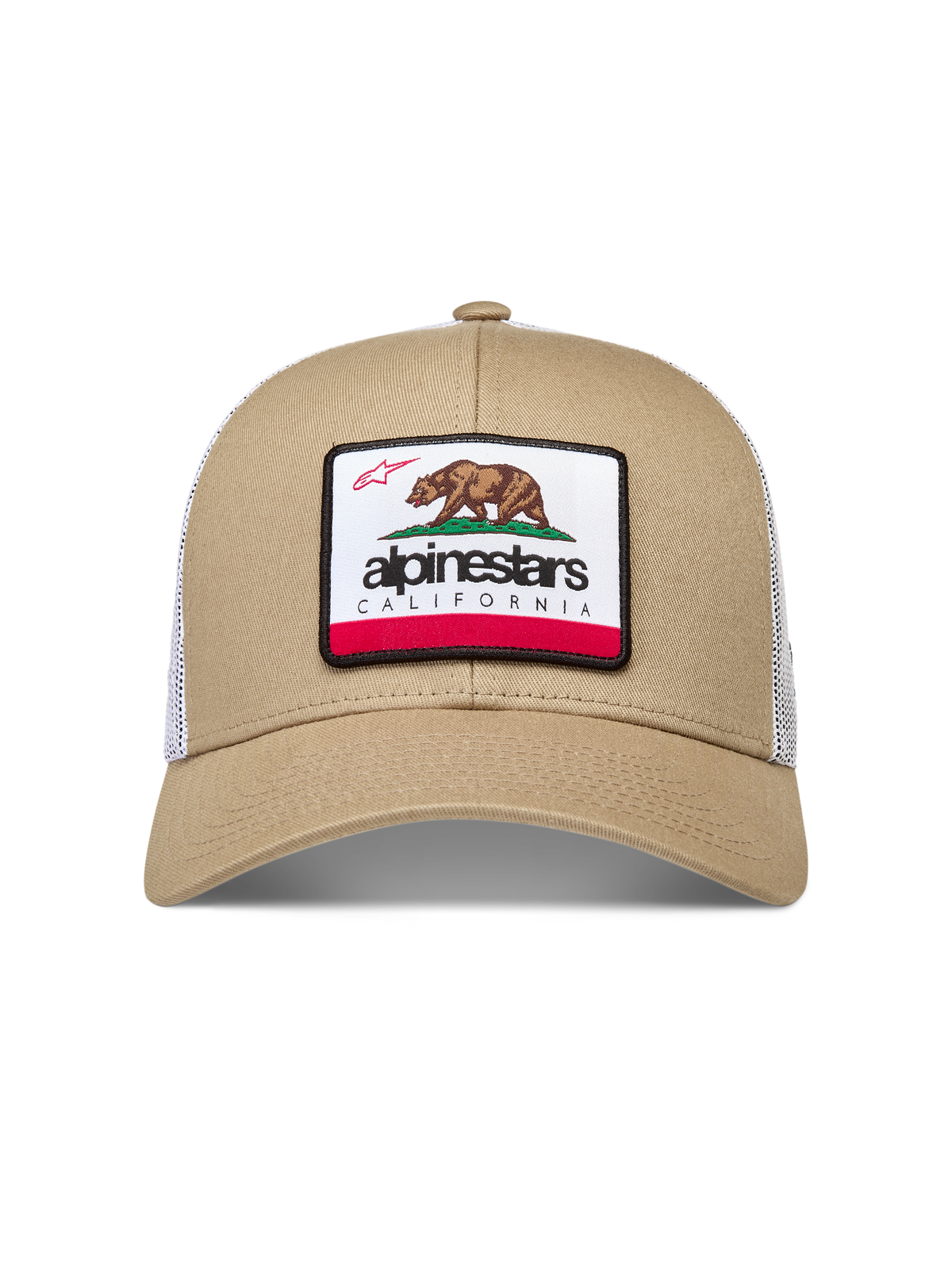 Alpinestars Cali 2.0 keps, sportswear snapback med böjd skärm, sandfärgad och vit mesh, vävt märke med Kalifornien-björn