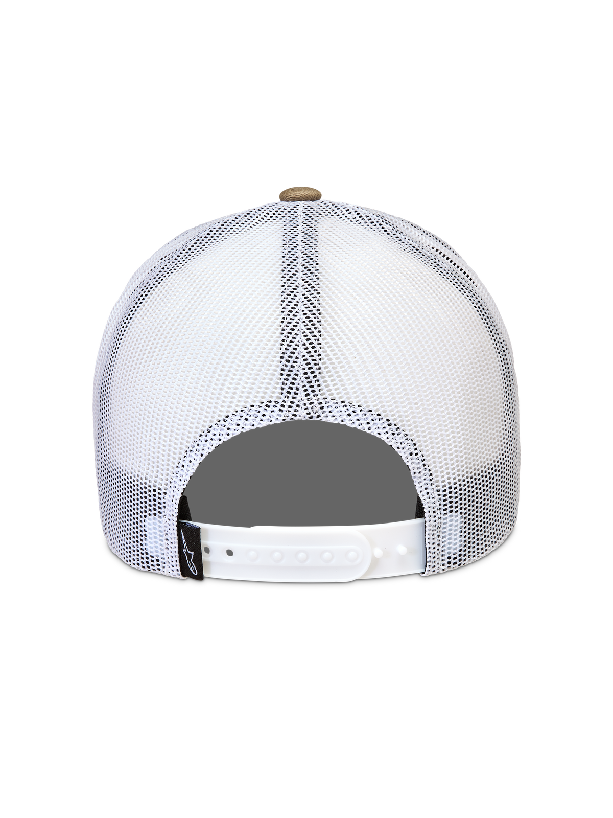 Alpinestars Cali 2.0 keps, vit och sandfärgad keps med andningsbar mesh och justerbar snapback-stängning, vy bakifrån.