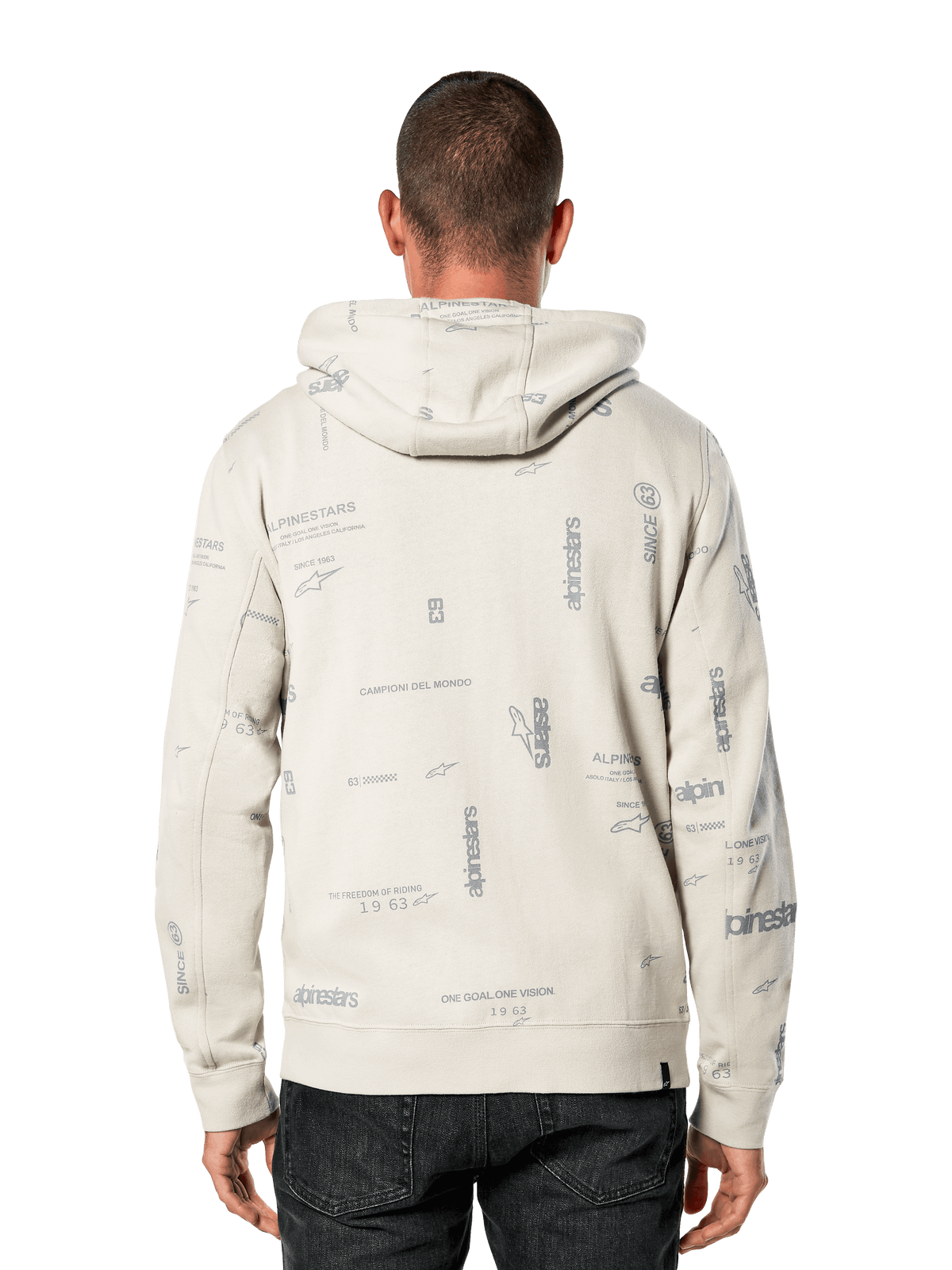 Alpinestars Plenitude Hoodie, sedd bakifrån, Off White med heltäckande grått tryck av varumärkesslogans och logotyper, casual sportkläder, ribbade muddar och fåll, huvtröja för vardagsbruk