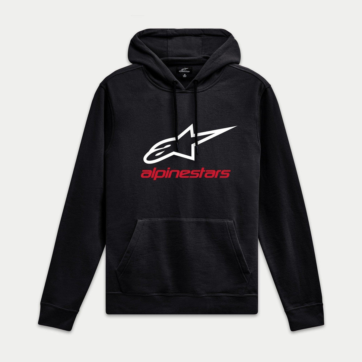 Alpinestars Always V3 Huvtröja, svart, fleece i pullover-modell med vit stjärnlogotyp och röd logotyp, vardaglig motorsport-streetwear, ribbade muddar och fåll