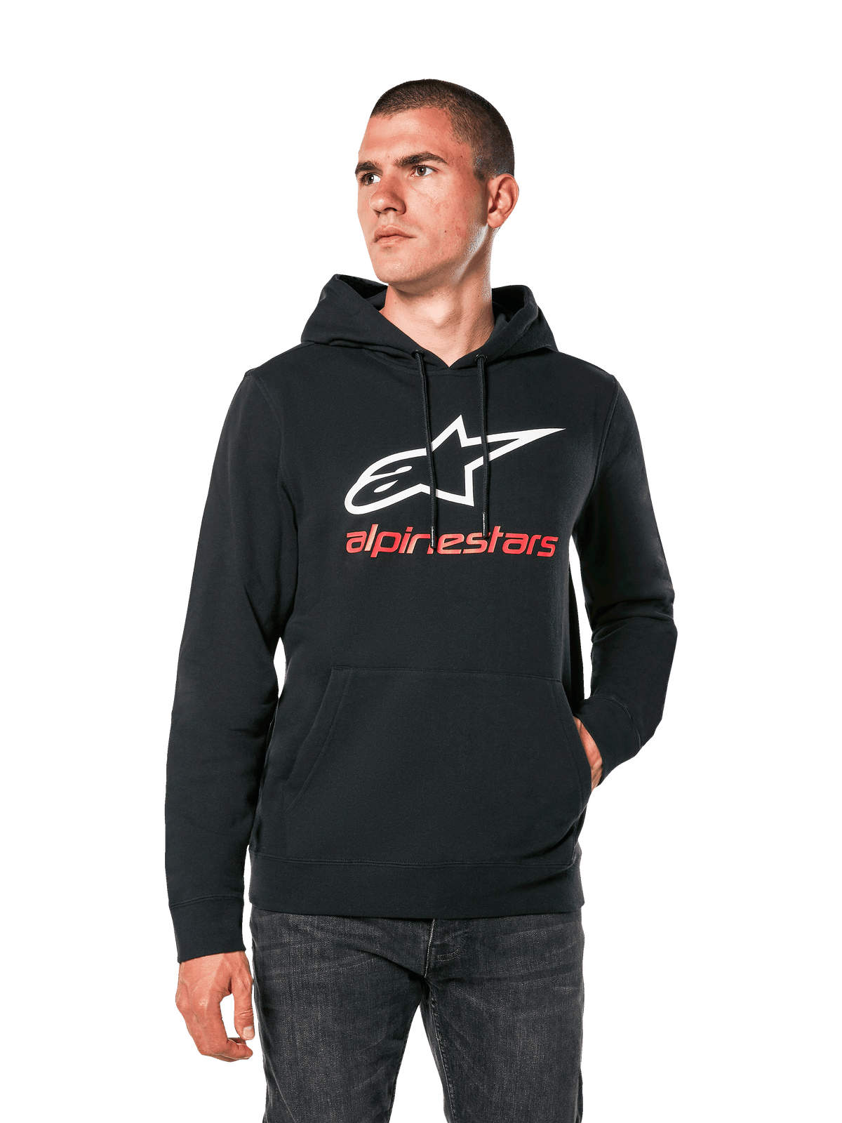 Alpinestars Always V3 Hoodie, svart casual huvtröja med vit stjärnlogotyp och röd alpinestars-text, pullover-modell med känguruficka framtill, lifestyle motorsport streetwear