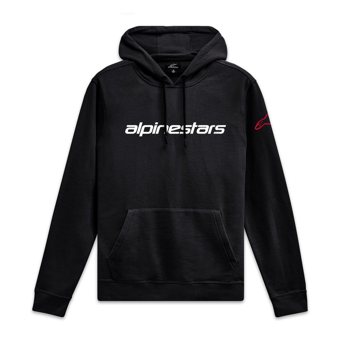 Alpinestars Linear Wordmark V3 Hoodie, svart pullover-sportswear-hoodie med vit logotyp på bröstet och röd ärmdetalj, bekväm vardagsdesign