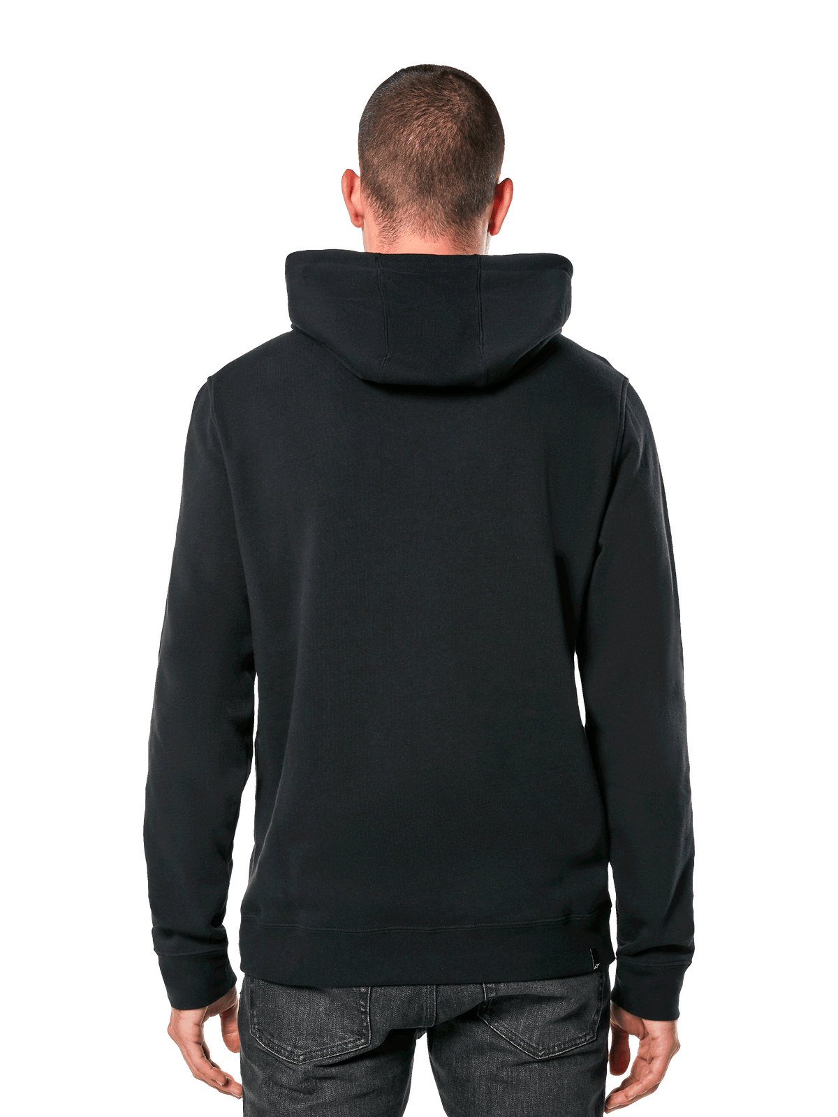 Alpinestars Ride 4.0 Huvtröja, baksida, avslappnad svart streetwear, enfärgad fleecehoodie i pullover-modell med ribbade muddar och fåll, bärs med mörka jeans, modern motorsportinspirerad design