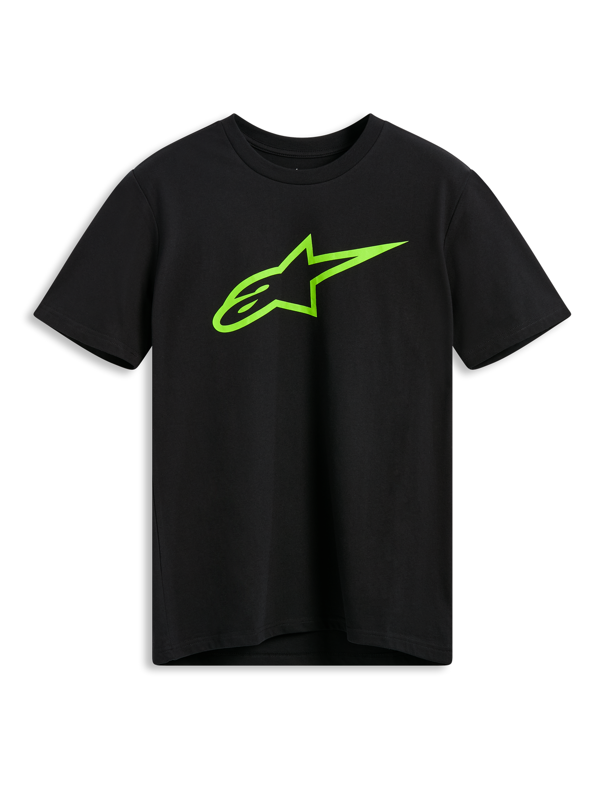 Alpinestars Ageless 2.0 CSF Tee, kortärmad t-shirt, svart med limegrön Alpinestars Astar-logotyp, vardaglig motorsport-streetwear