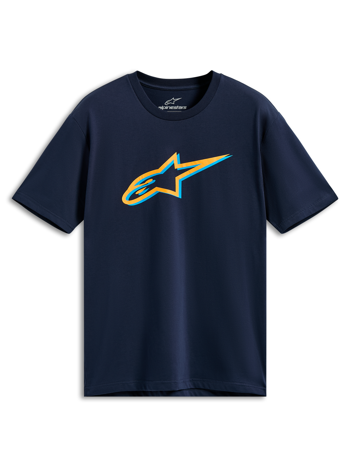 Alpinestars Ageless Shadow CSF Tee, kortärmad t-shirt, marinblå, orange och ljusblå Ageless Shadow-logotyp på bröstet, vardagliga sportkläder