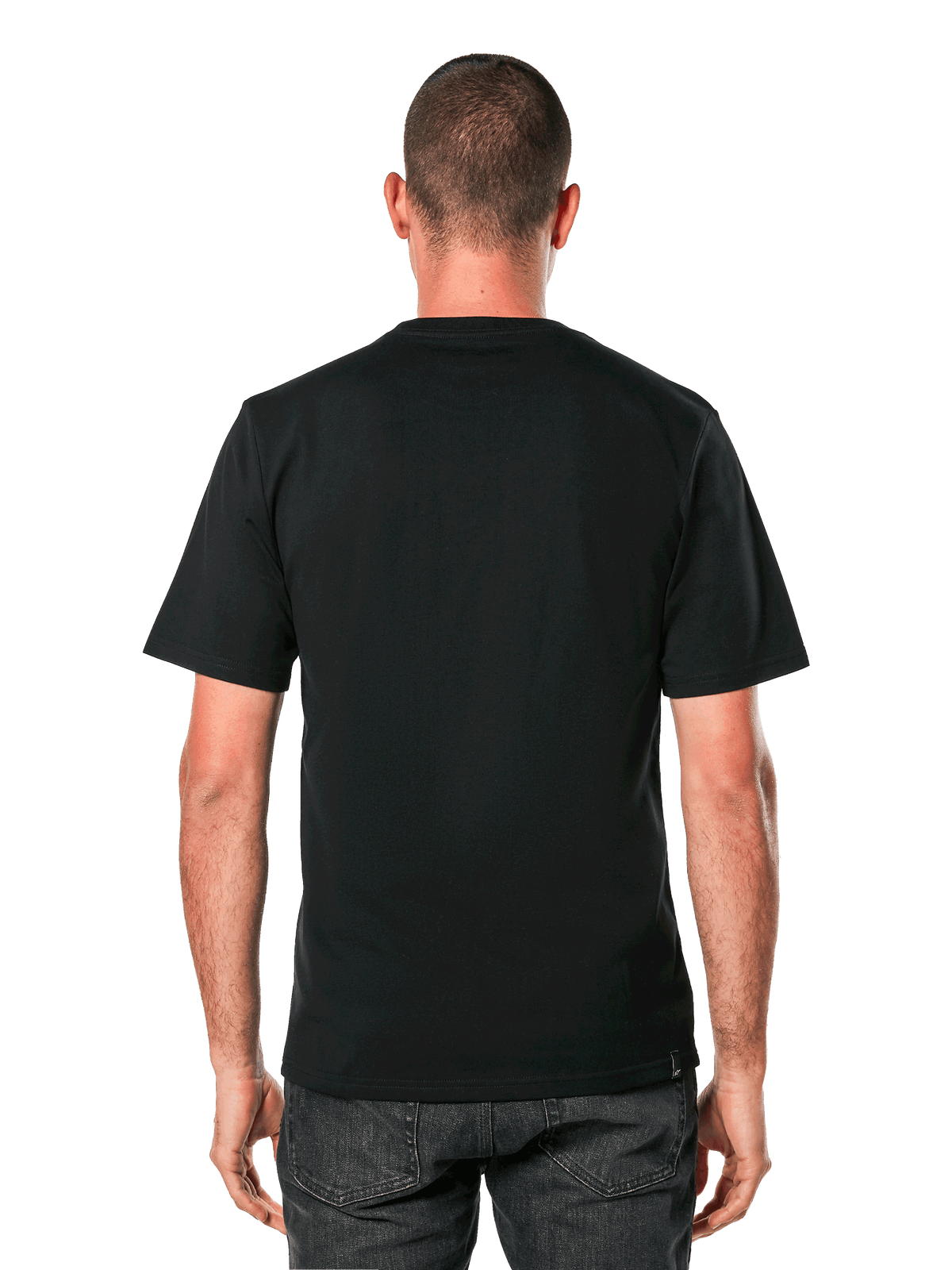 Alpinestars Always 2.0 CSF Tee, kortärmad t-shirt, svart, vy bakifrån som visar den enkla ryggdesignen, bärs av modell, casual motorsport-streetwear