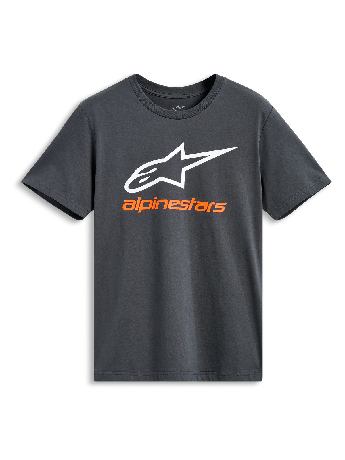 Alpinestars Always 2.0 CSF Tee, kortärmad t-shirt, charcoal, stor vit Alpinestars-logotyp med orange märkesnamn, vardaglig motorsport-streetwear
