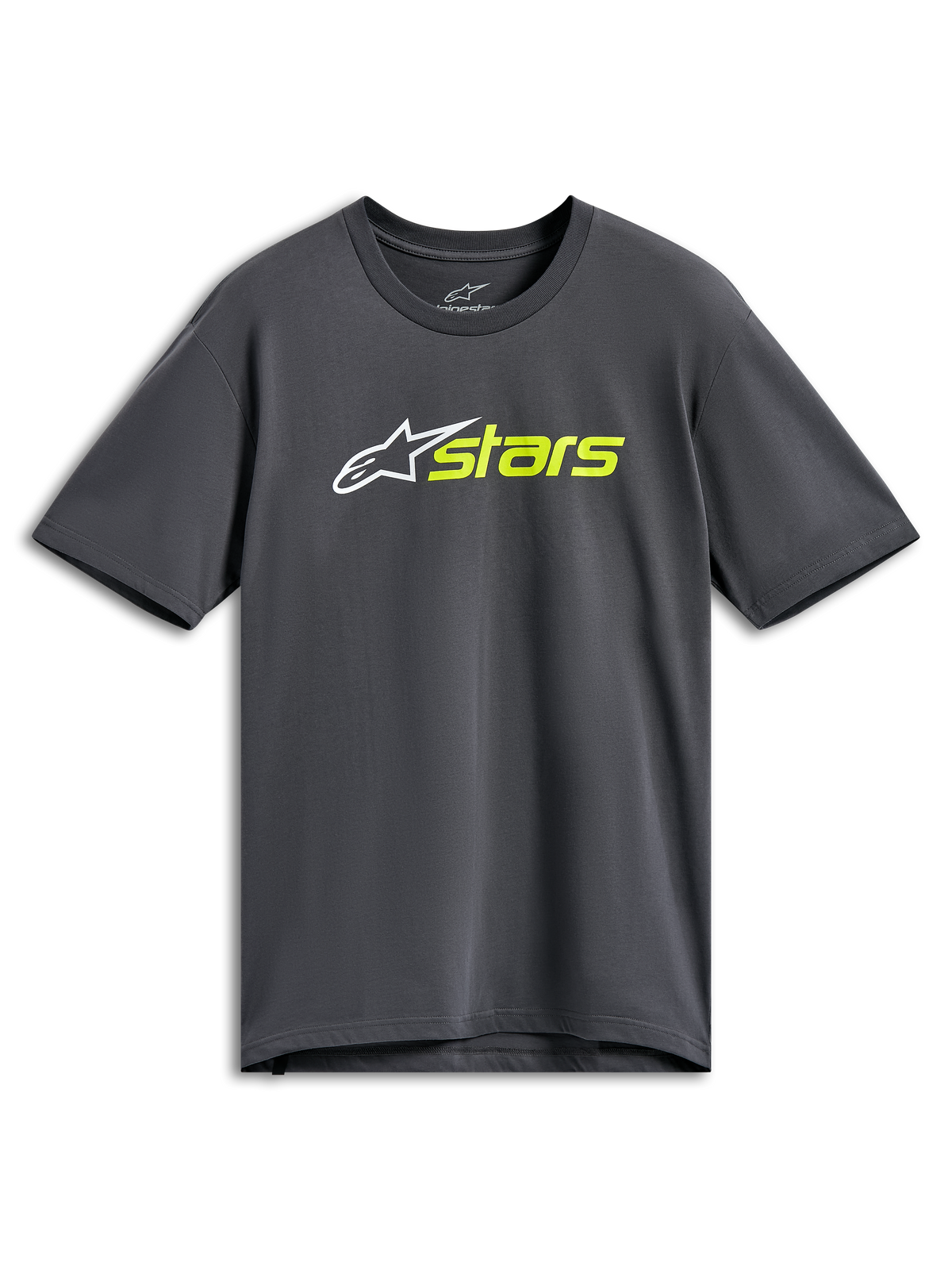 Alpinestars Blaze 2.0 CSF Tee, kortärmad t-shirt, mörkgrå, vit stjärnlogotyp med hi-vis gul "stars"-text, vardagligt motorsport-streetwear