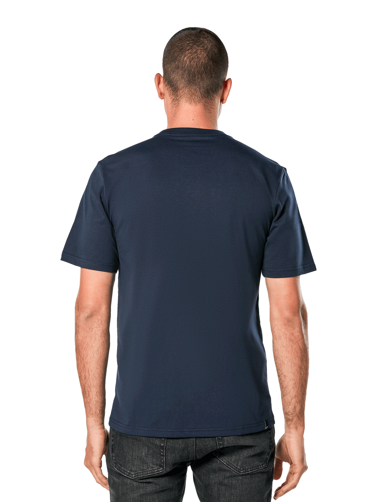 Alpinestars Blaze 2.0 CSF Tee, kortärmad T-shirt, marinblå, sedd bakifrån på modell, avslappnad motorsportinspirerad streetwear