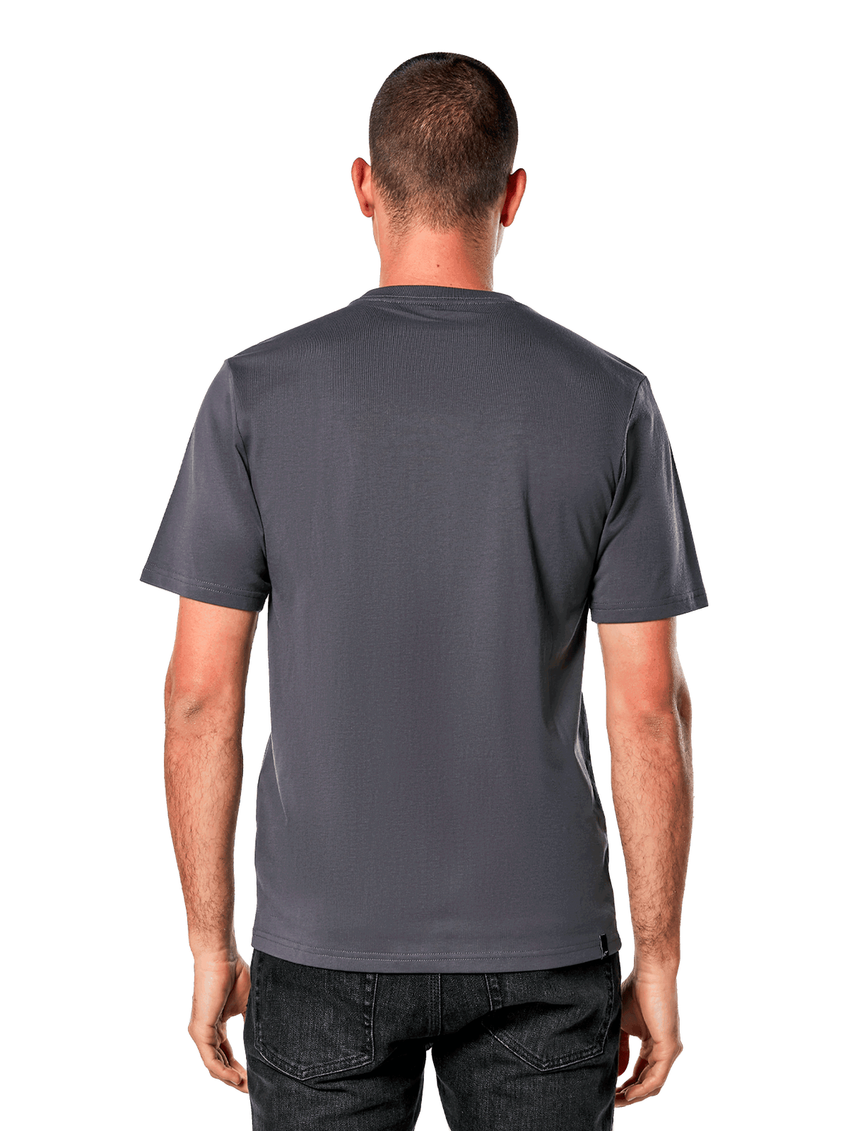 Alpinestars Ride 4.0 CSF Tee, baksida, kortärmad T-shirt, grafitgrå, enfärgad ryggdesign med cut-and-sew-passform, bärs med svarta jeans, avslappnad motorsportinspirerad streetwear