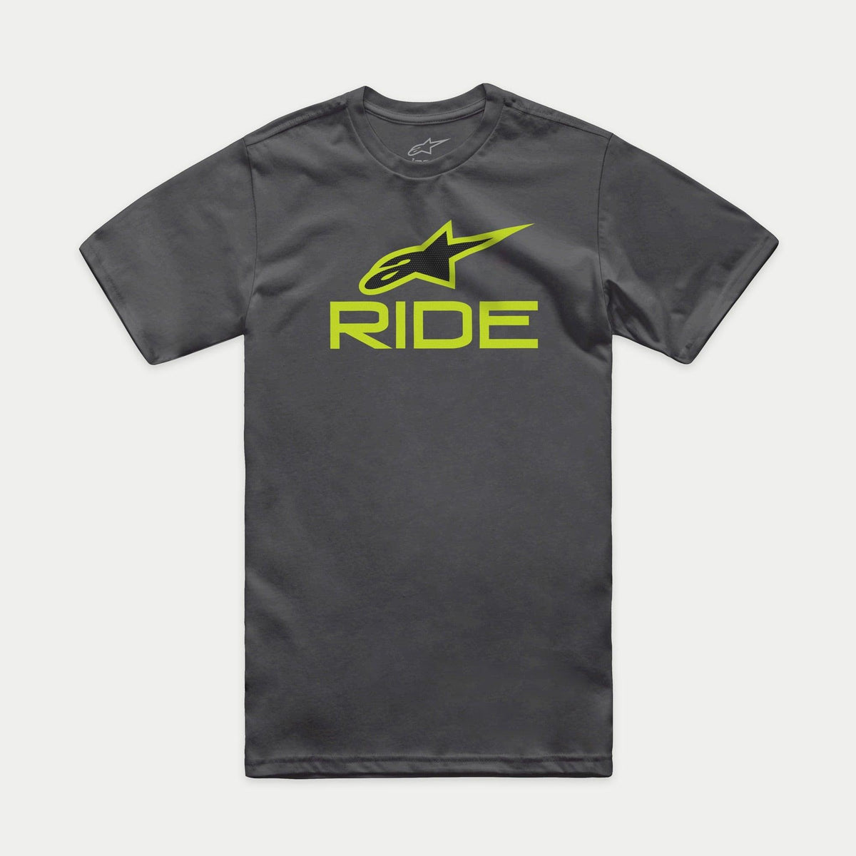 Alpinestars Ride 4.0 CSF Tee, kortärmad t-shirt, mörkgrå, limegrön och svart Astars-logotyp med texten RIDE, sportiga vardagskläder för motorsport