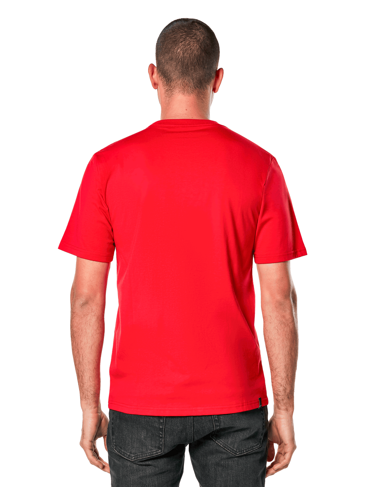Alpinestars Ride 4.0 CSF Tee, kortärmad t-shirt, röd, bakifrån på modell, klarrött tyg med en liten svart märkesetikett vid fållen, ledig motorsport-streetwear