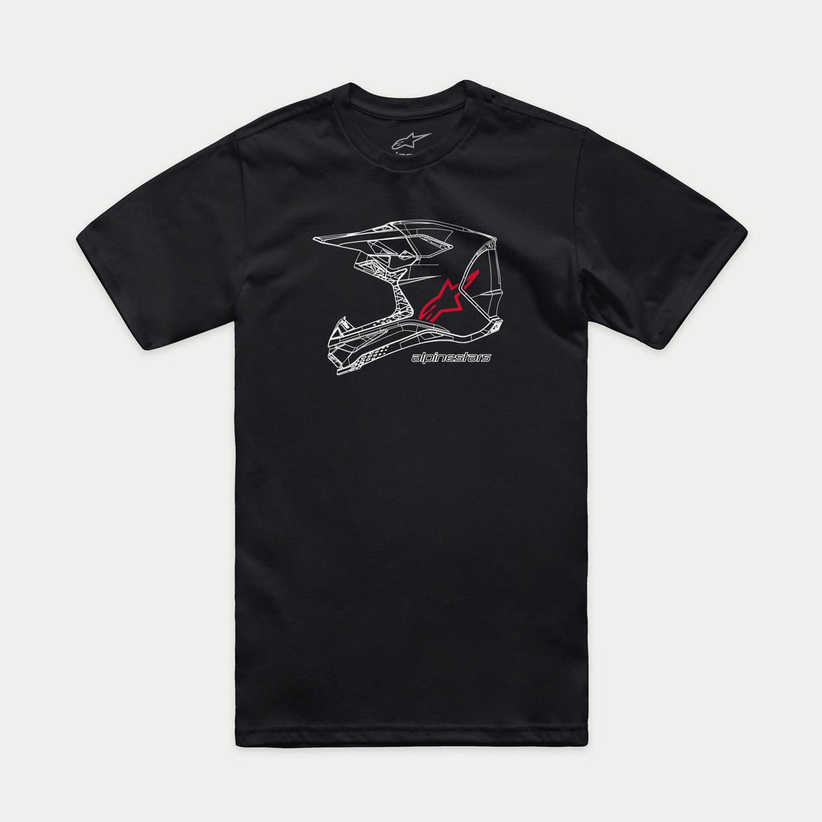 Alpinestars MX Helmet CSF Tee, Short Sleeve T-Shirt, Black, White wireframe MX helmet art with red Alpinestars logo and text, Casual Motorsport Streetwear