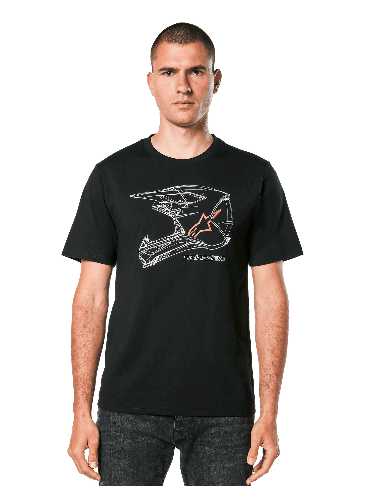 Alpinestars MX Helmet CSF Tee, Short Sleeve T-Shirt, Black, White geometric motocross helmet graphic with orange star logo, casual motorsport streetwear