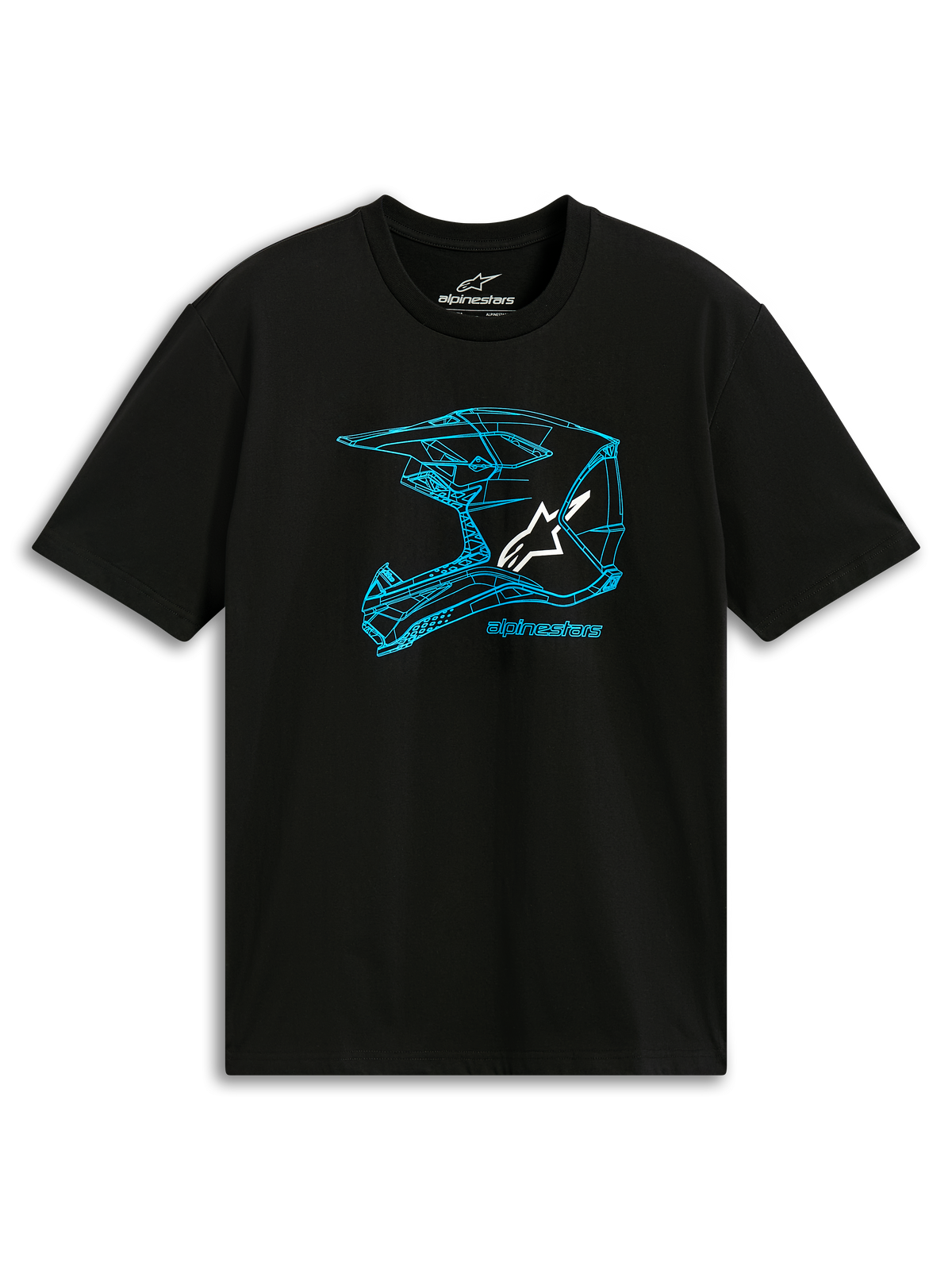 Alpinestars CSF Tee, kortärmad t-shirt, svart och blå, blå konturgrafik av en MX-hjälm med vit logotyp, vardagliga motorsportkläder