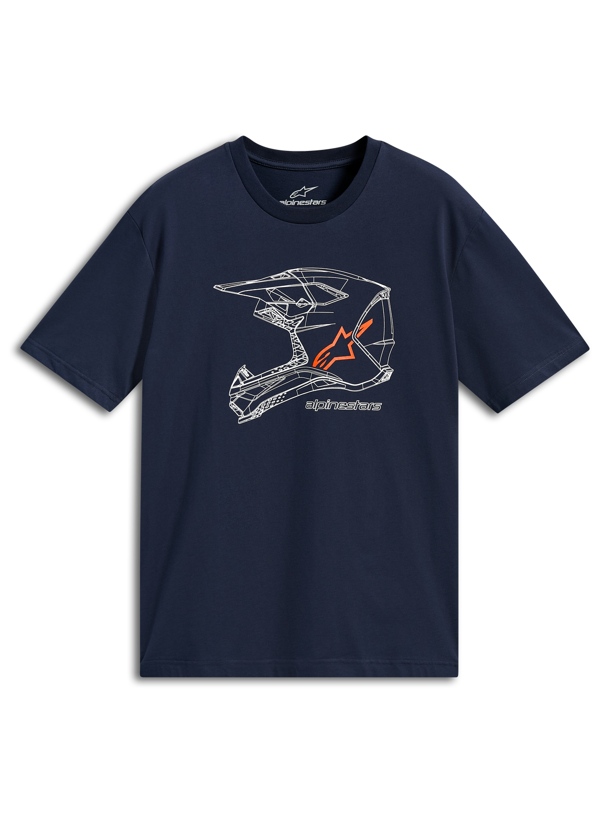 Alpinestars MX Helmet CSF Tee, Short Sleeve T-Shirt, Navy Blue, White MX helmet line art graphic with orange logo, Casual Motorsport Sportswear