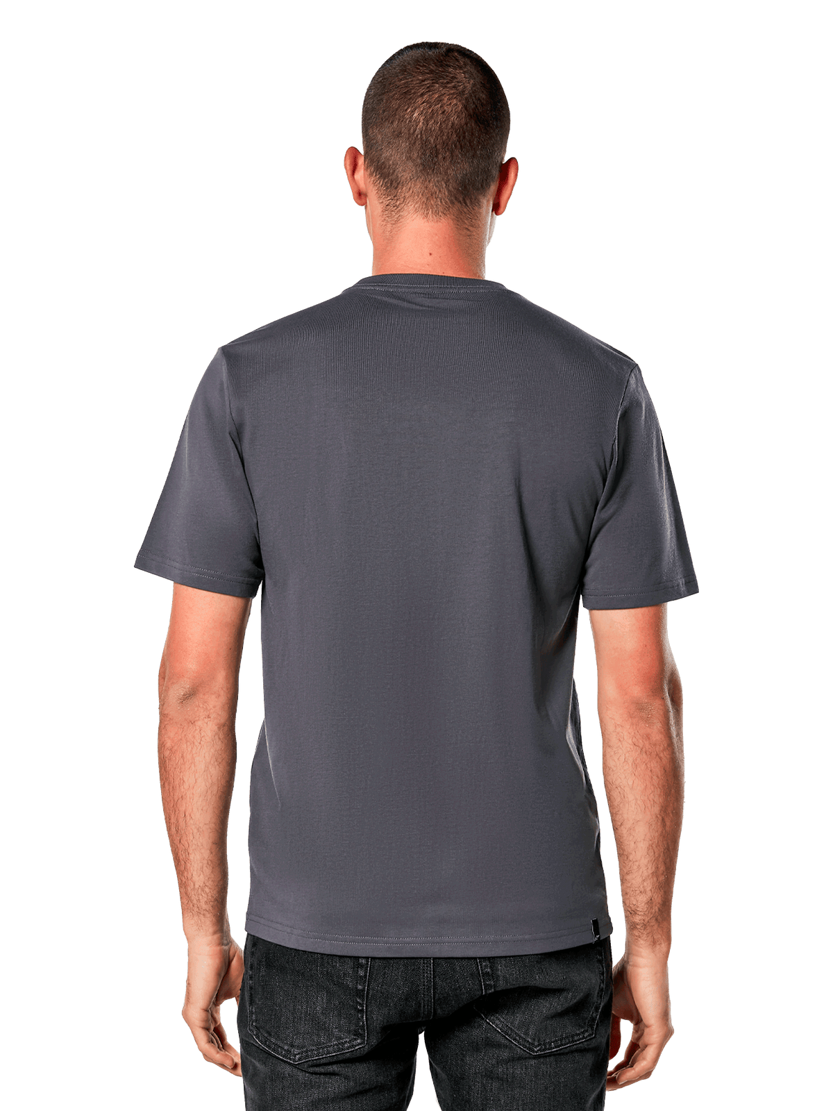 Alpinestars Galun CSF Tee, kortärmad t-shirt, mörkgrå, vy bakifrån, bärs med svarta jeans, avslappnad motorsport-streetwear