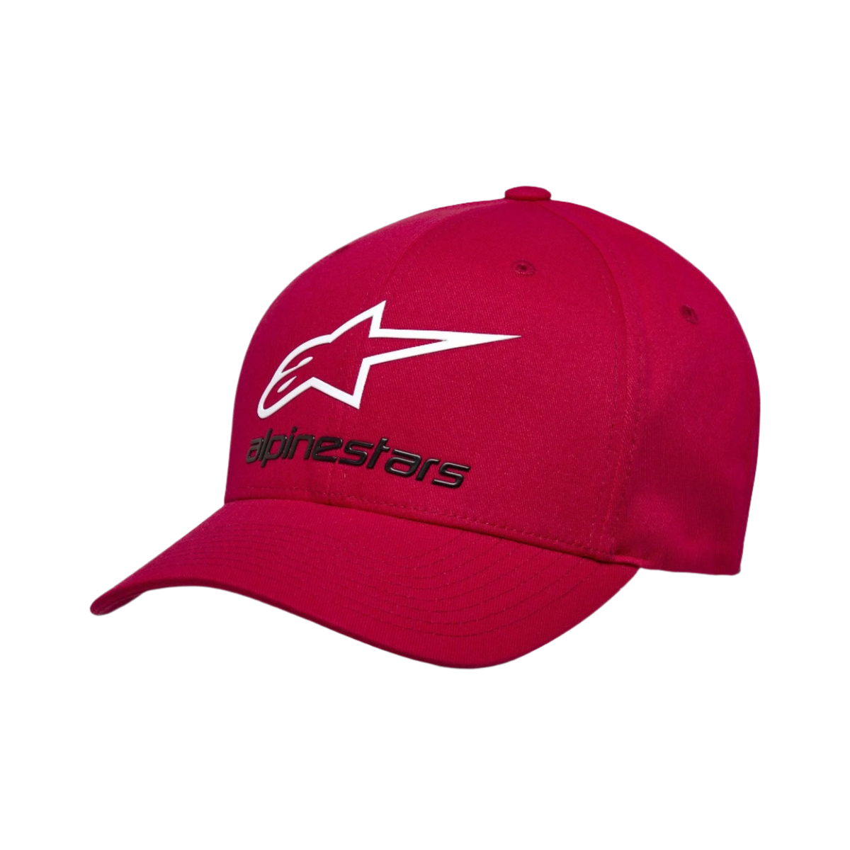Alpinestars Always 2.0 Keps, röd baseballkeps med vit stjärnlogotyp och svart Alpinestars-text, böjd skärm, strukturerad krona, avslappnad motorsportinspirerad streetwear