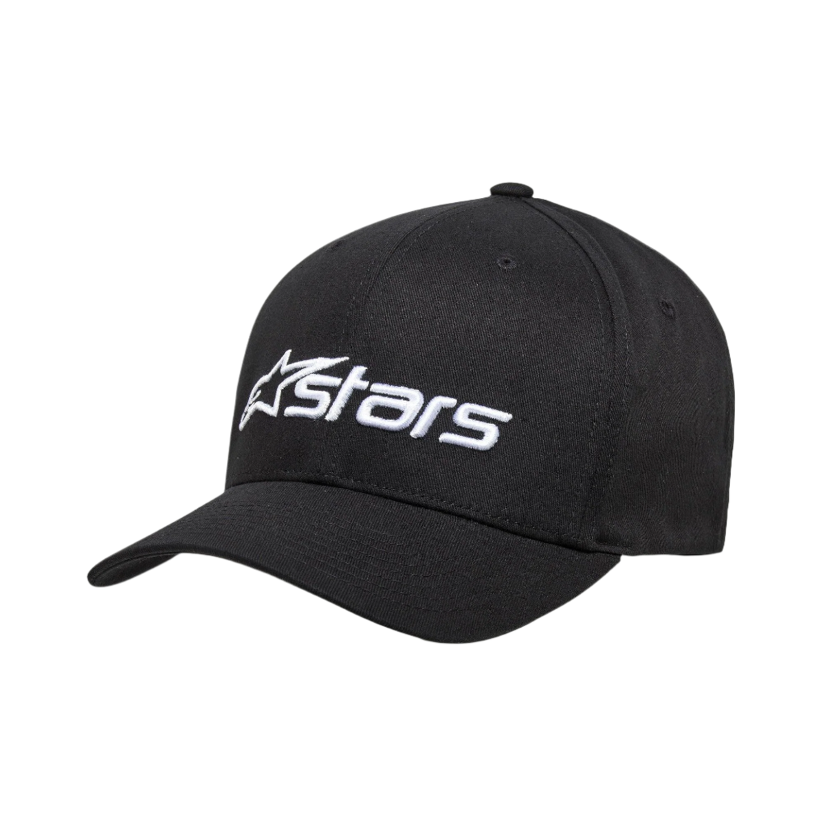 Alpinestars Blaze 2.0 keps, strukturerad baseballkeps, svart, vit broderad logotyp på framsidan, böjd skärm, stretchigt twilltyg, avslappnad motorsport-huvudbonad