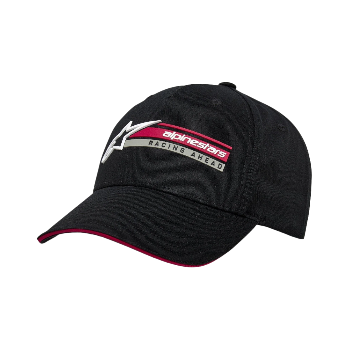 Alpinestars Par Hat, svart snapback-keps, böjd skärm med röd sandwich-detalj, 3D-broderi på sidan med Alpinestars-logotyp och Racing Ahead-text, strukturerad casual sportkeps