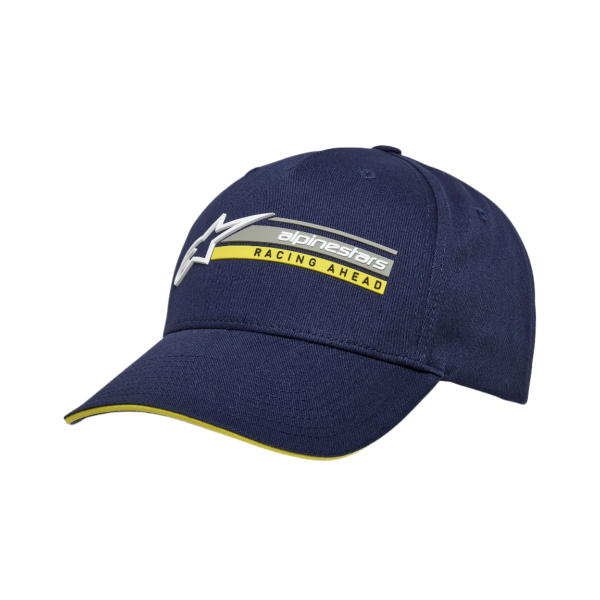 Alpinestars Par keps, mörkblå snapback-keps, 3D-logobroderi med gul 'RACING AHEAD'-text, böjd skärm med gul sandwich-detalj, strukturerad bomullstwill, avslappnad motorsport-keps